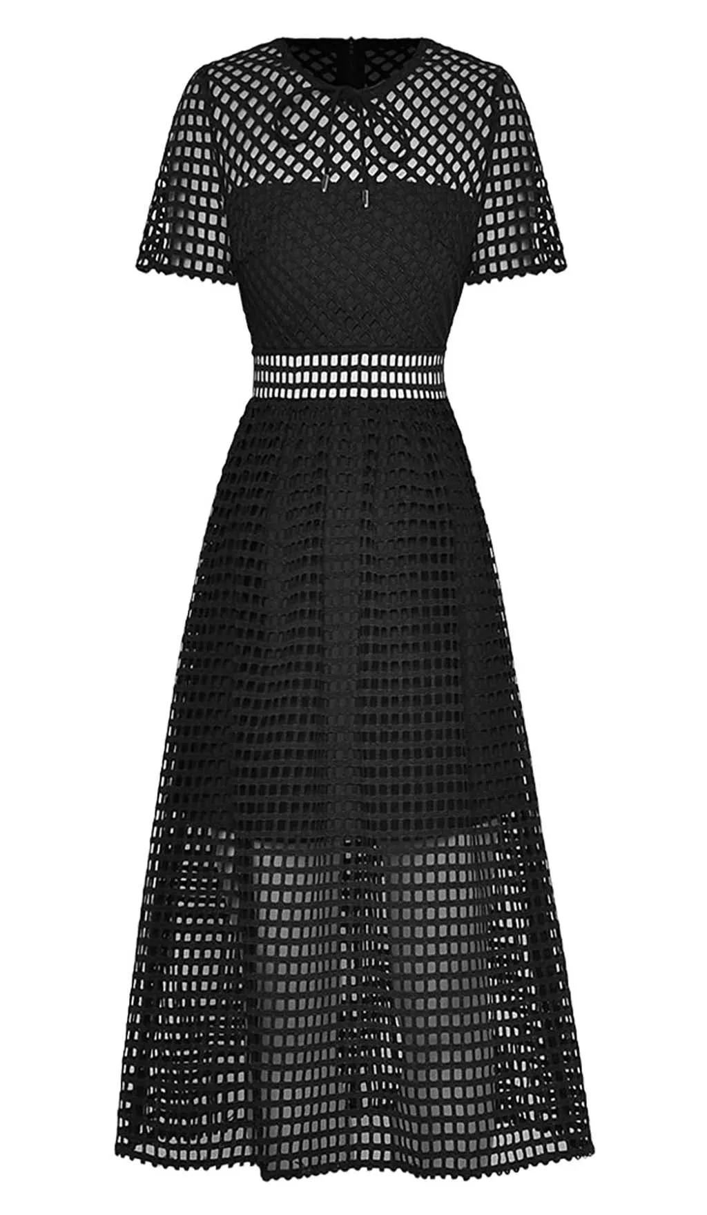 PUFFED SLEEVE LACE MIDI DRESS IN BLACK Gloria Lanvin