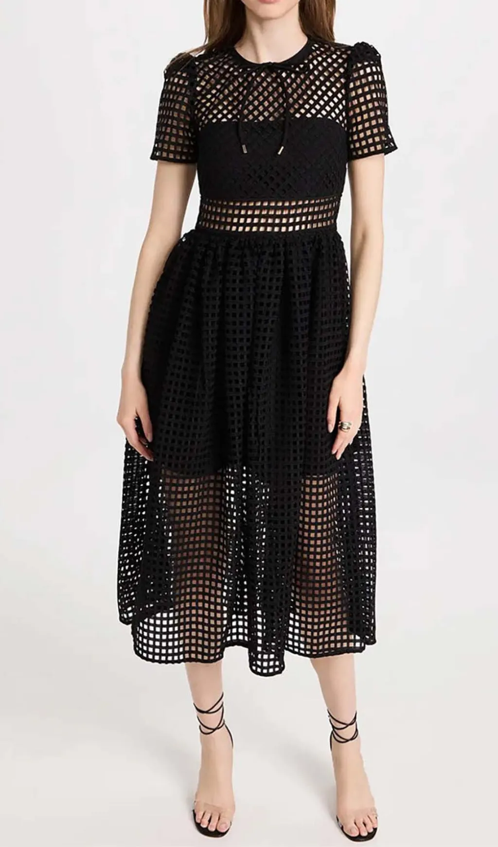 PUFFED SLEEVE LACE MIDI DRESS IN BLACK Gloria Lanvin