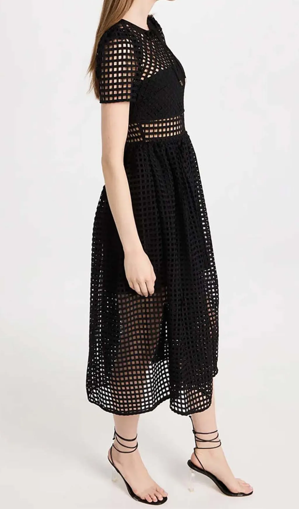 PUFFED SLEEVE LACE MIDI DRESS IN BLACK Gloria Lanvin