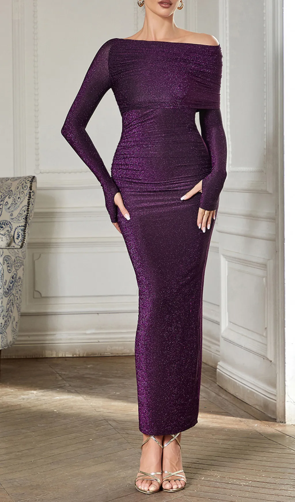 PURPLE LONG SLEEVE OFF SHOULDER BODYCON MAXI DRESS Gloria Lanvin