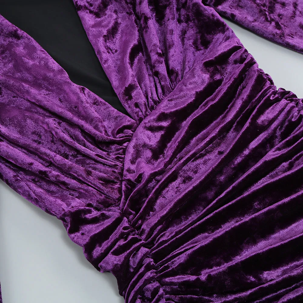 PURPLE V NECK RUCHED VELVET MINI DRESS Gloria Lanvin