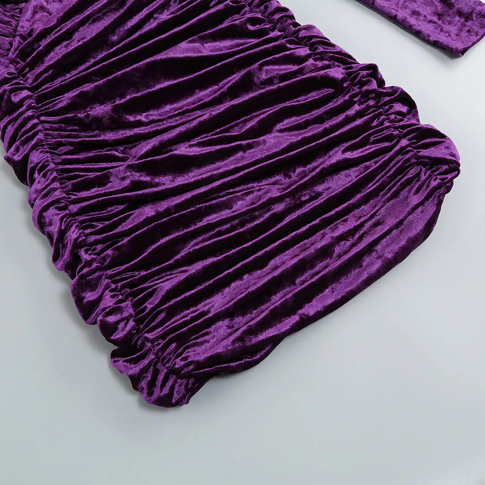 PURPLE V NECK RUCHED VELVET MINI DRESS Gloria Lanvin