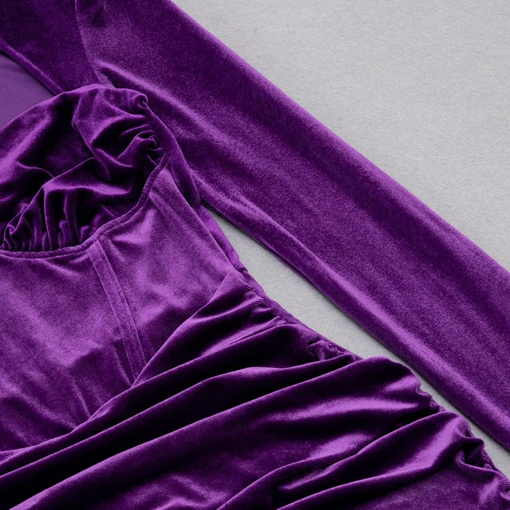 PURPLE VELVET LONG SLEEVES RUCHED MINI DRESS Gloria Lanvin