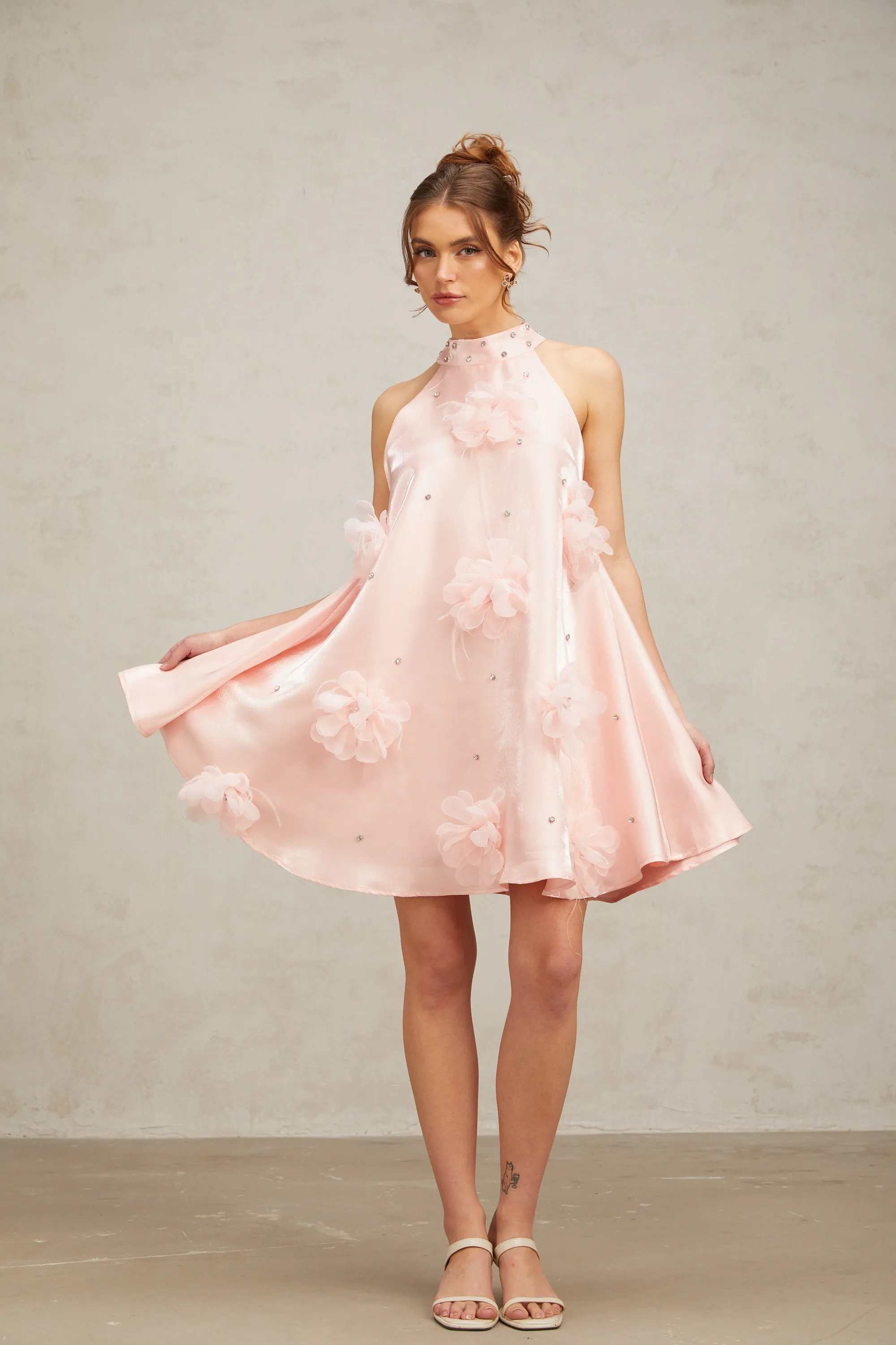 Quella pink flower sleeveless A-line mini dress Gloria Lanvin