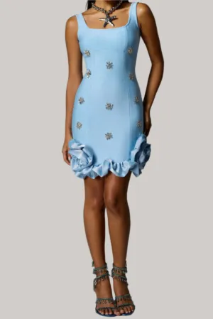 rachel Rhinestone Flower Bandage Mini Dress in blue Gloria Lanvin