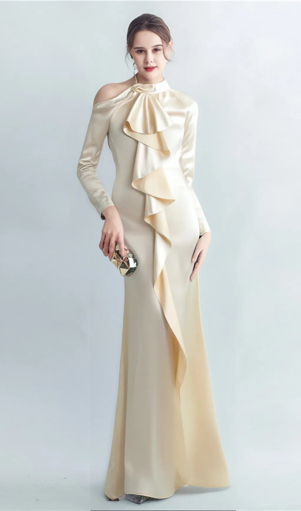 RAE CHAMPAGNE ONE-SHOULDER RUFFLE EMBELLISHED MAXI DRESS Gloria Lanvin