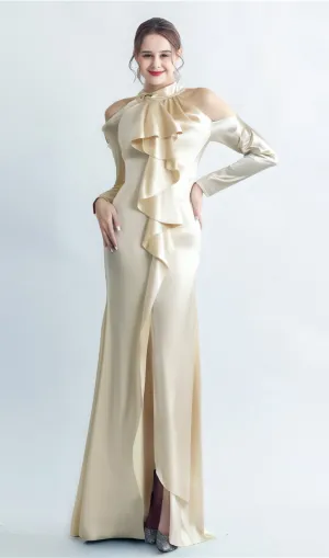 RAE CHAMPAGNE ONE-SHOULDER RUFFLE EMBELLISHED MAXI DRESS Gloria Lanvin