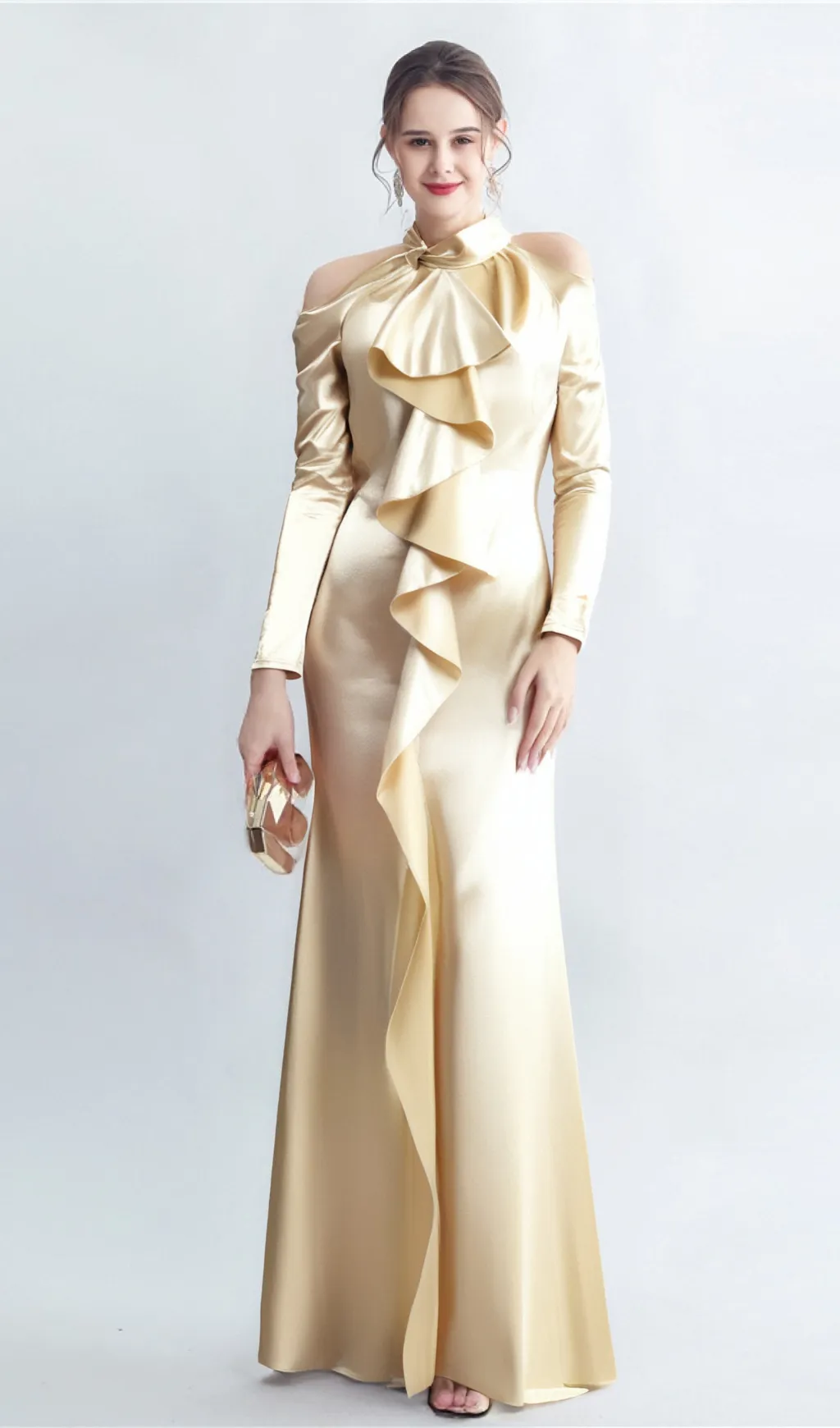 RAE CHAMPAGNE ONE-SHOULDER RUFFLE EMBELLISHED MAXI DRESS Gloria Lanvin