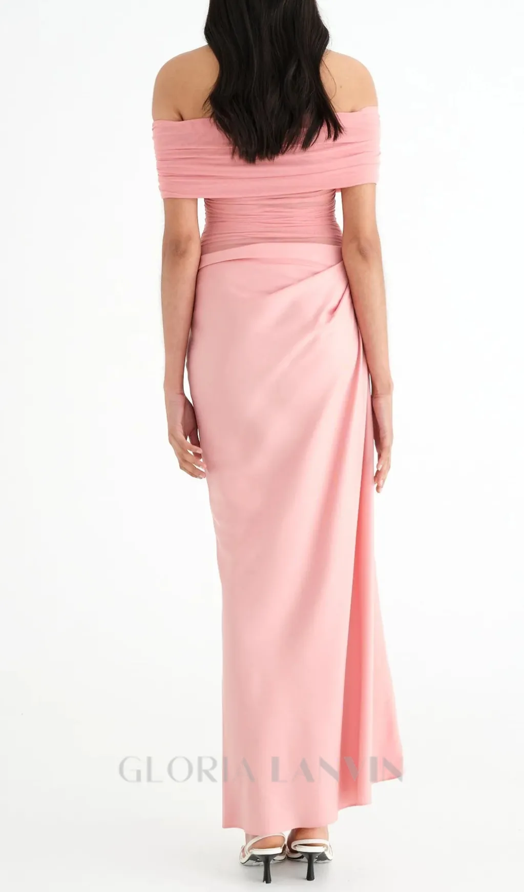 Reanko Off Shoulder Ruched Mesh Maxi Dress in Pink Gloria Lanvin