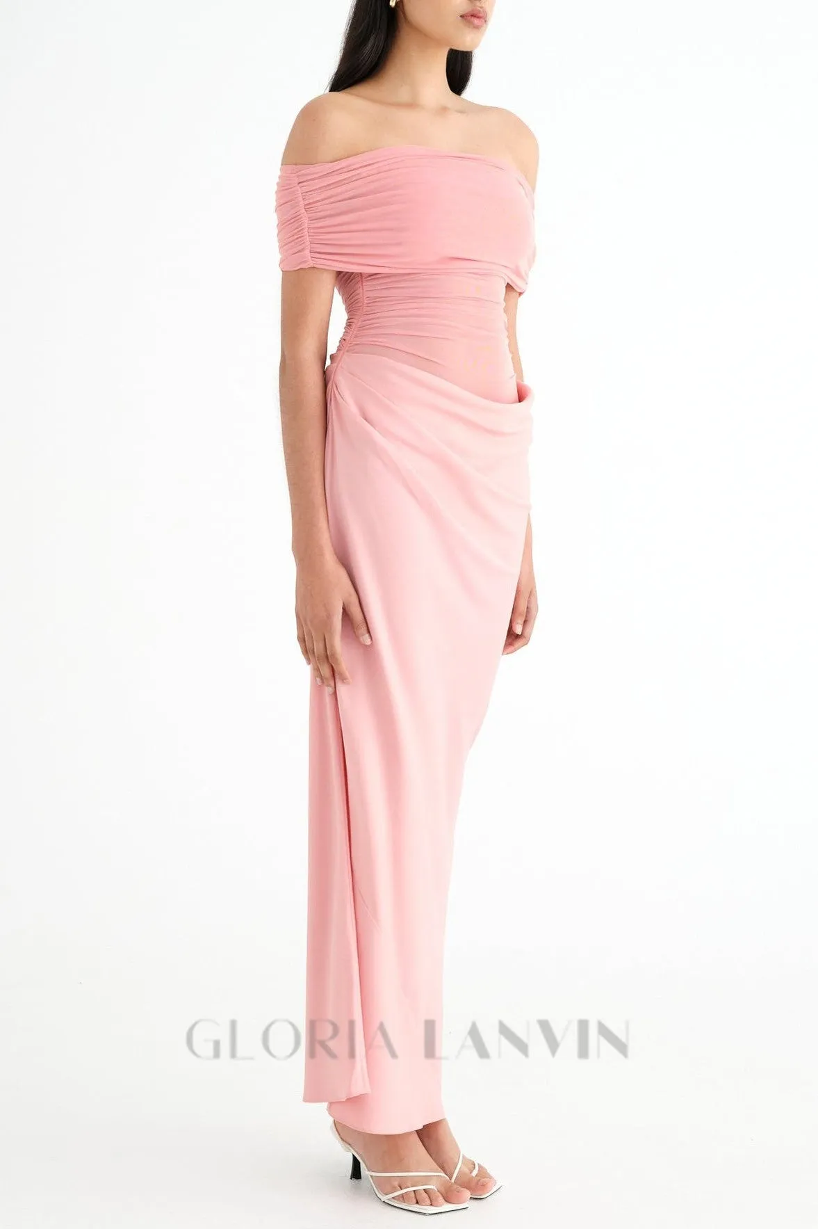 Reanko Off Shoulder Ruched Mesh Maxi Dress in Pink Gloria Lanvin