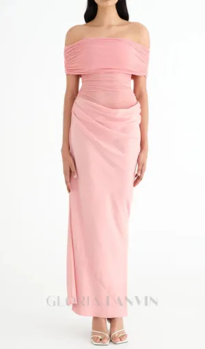 Reanko Off Shoulder Ruched Mesh Maxi Dress in Pink Gloria Lanvin