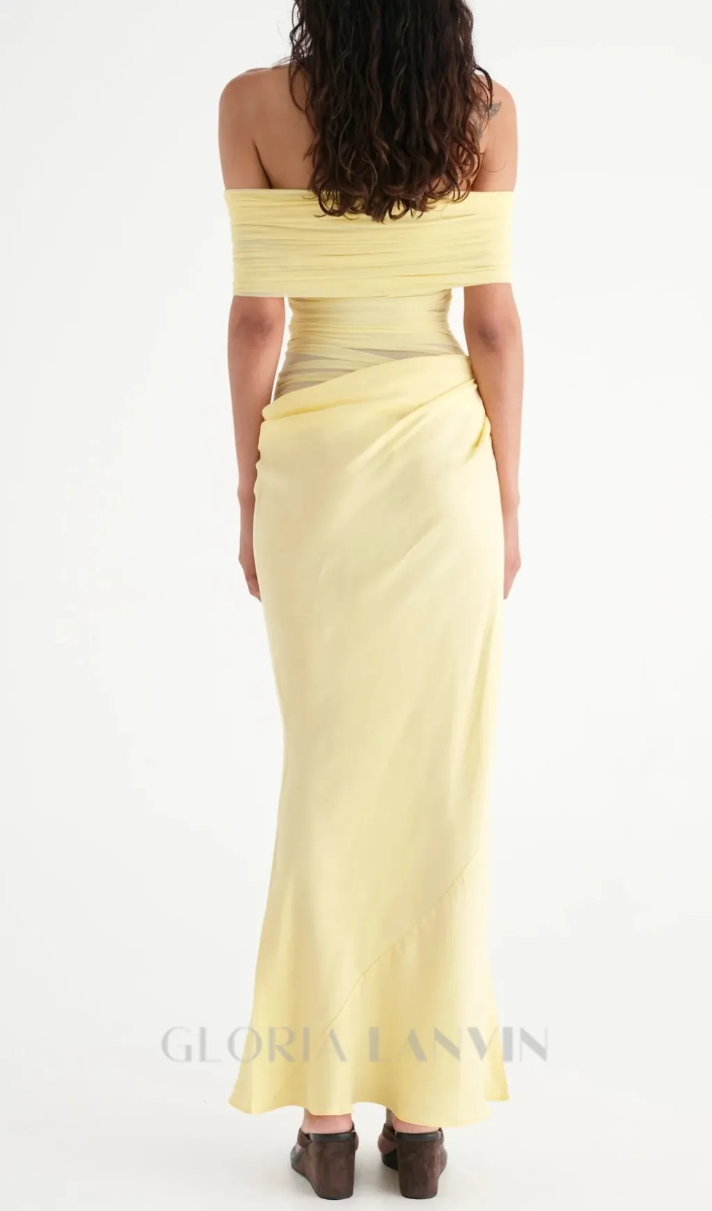 Reanko Off Shoulder Ruched Mesh Maxi Dress - Yellow Gloria Lanvin