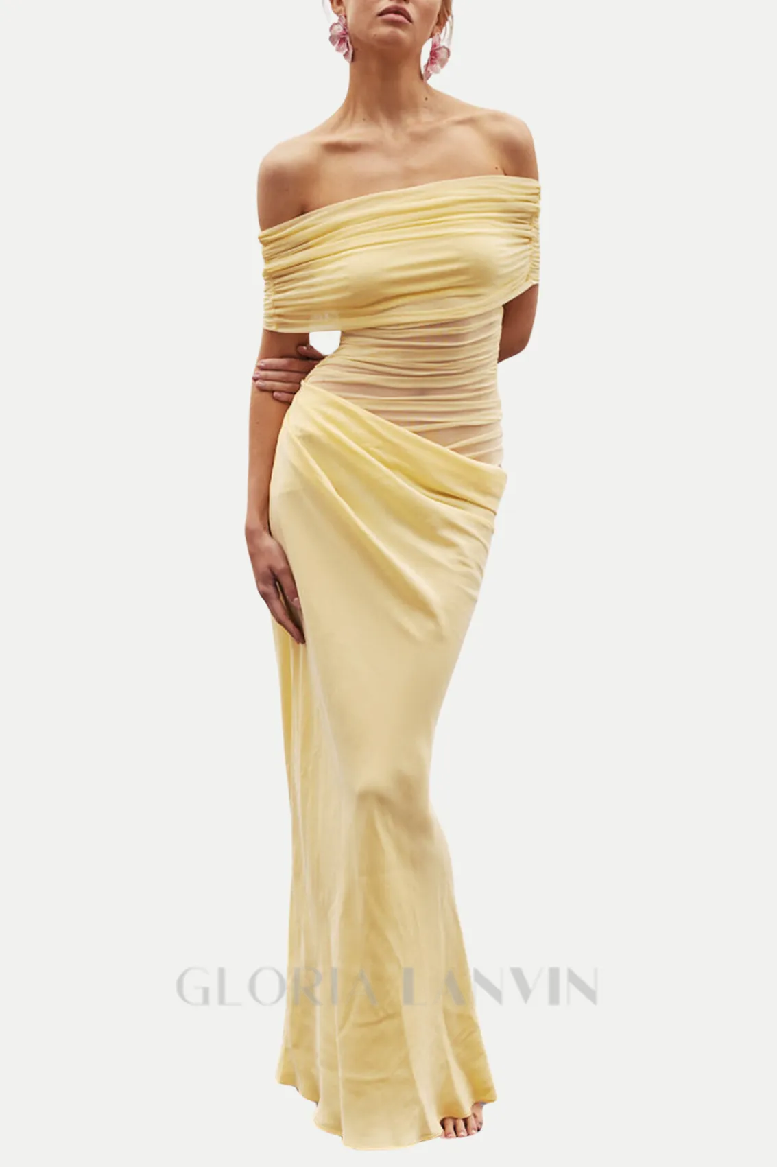 Reanko Off Shoulder Ruched Mesh Maxi Dress - Yellow Gloria Lanvin