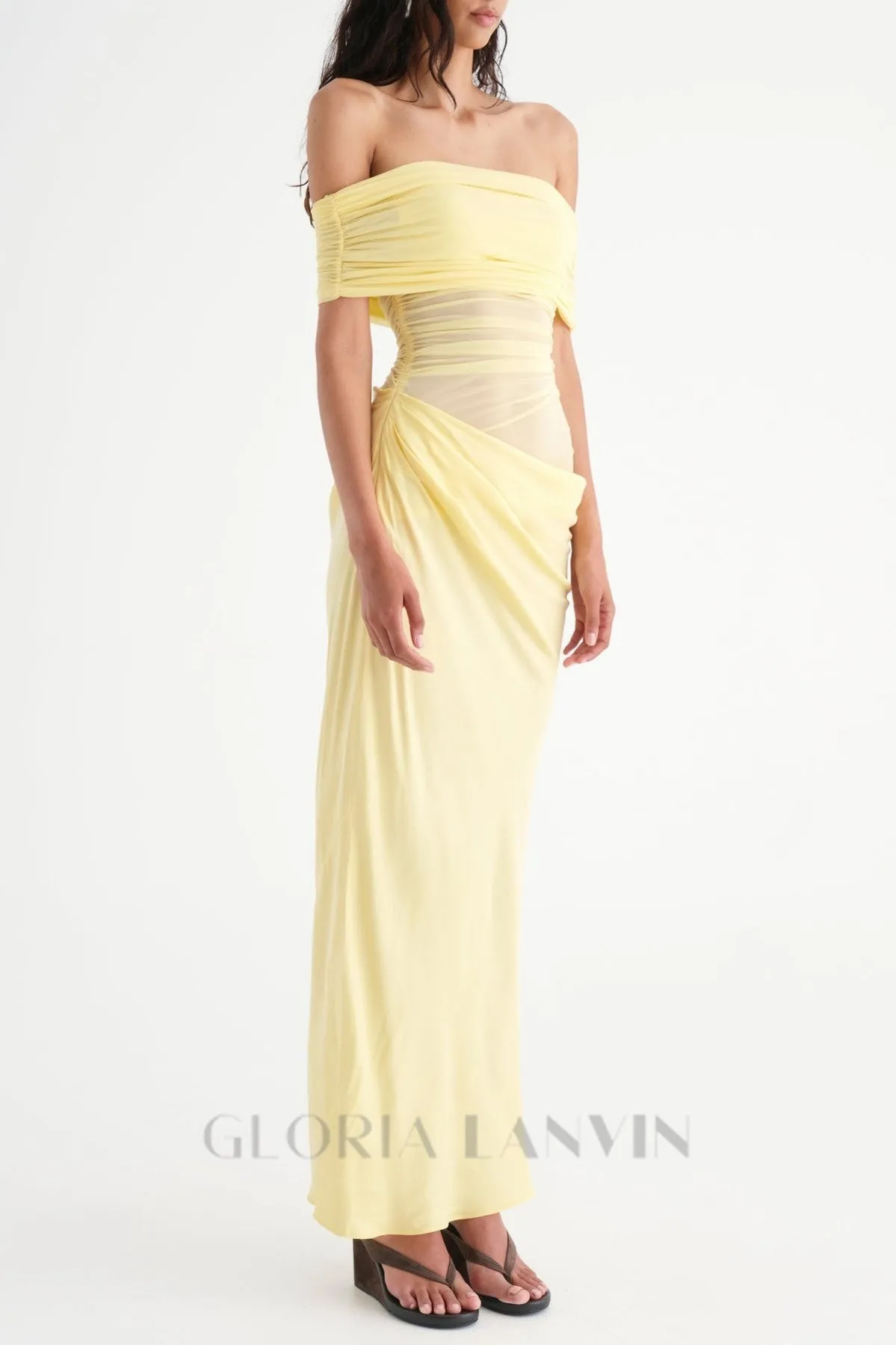 Reanko Off Shoulder Ruched Mesh Maxi Dress - Yellow Gloria Lanvin