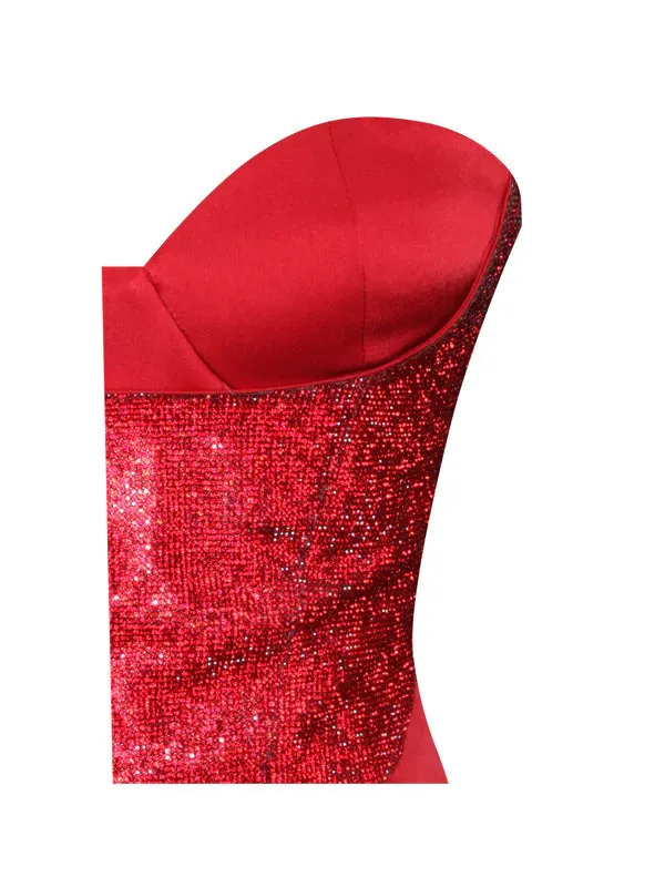 RED CRYSTAL HIGH SLIT SATIN CORSET GOWN Gloria Lanvin