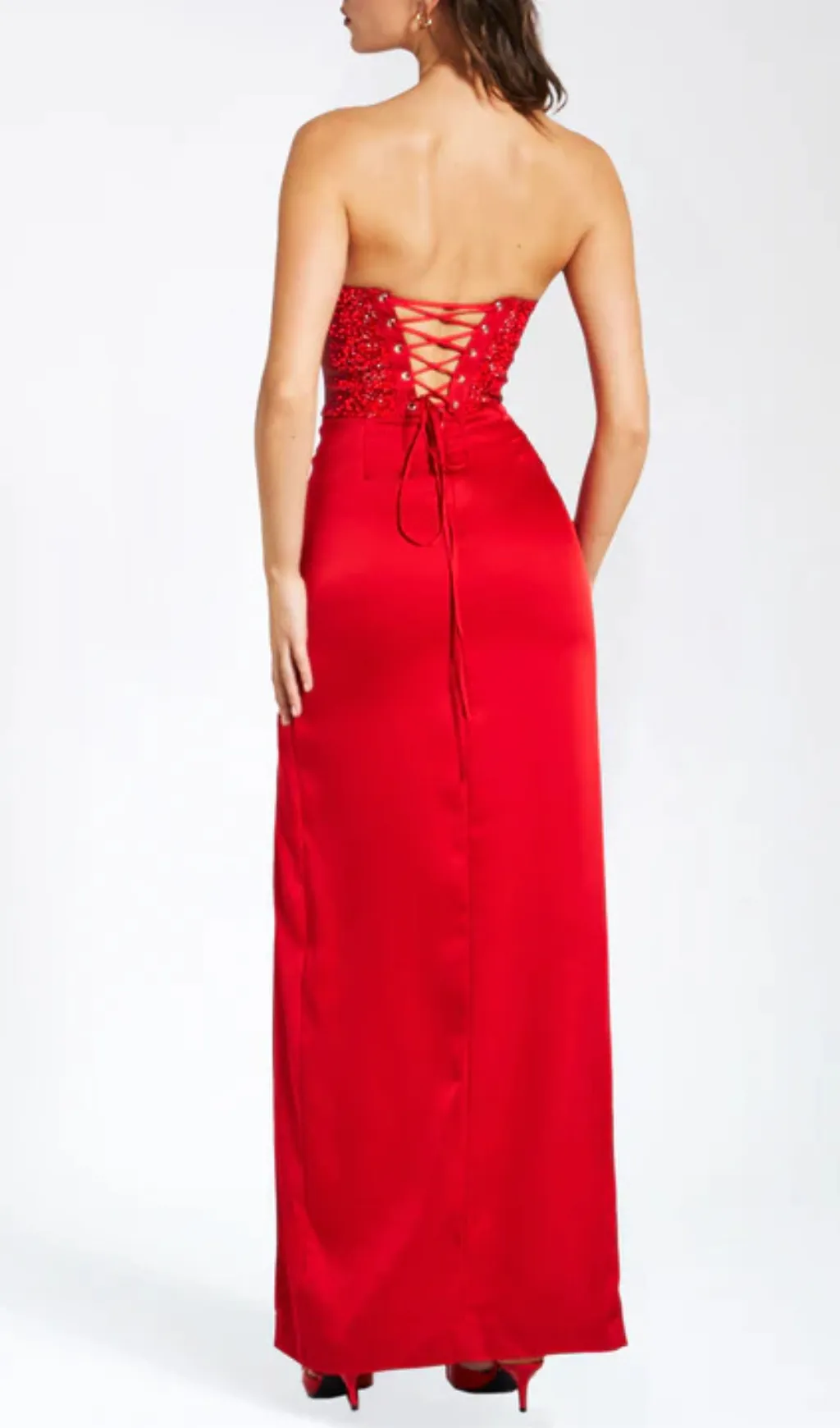 RED CRYSTAL HIGH SLIT SATIN CORSET GOWN Gloria Lanvin
