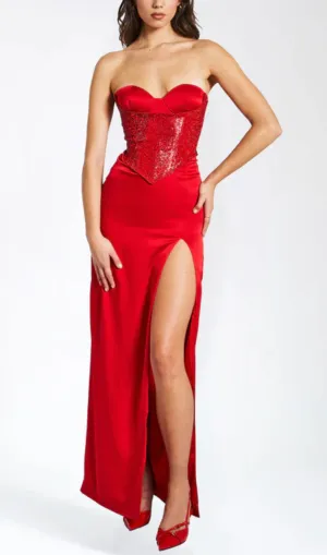 RED CRYSTAL HIGH SLIT SATIN CORSET GOWN Gloria Lanvin