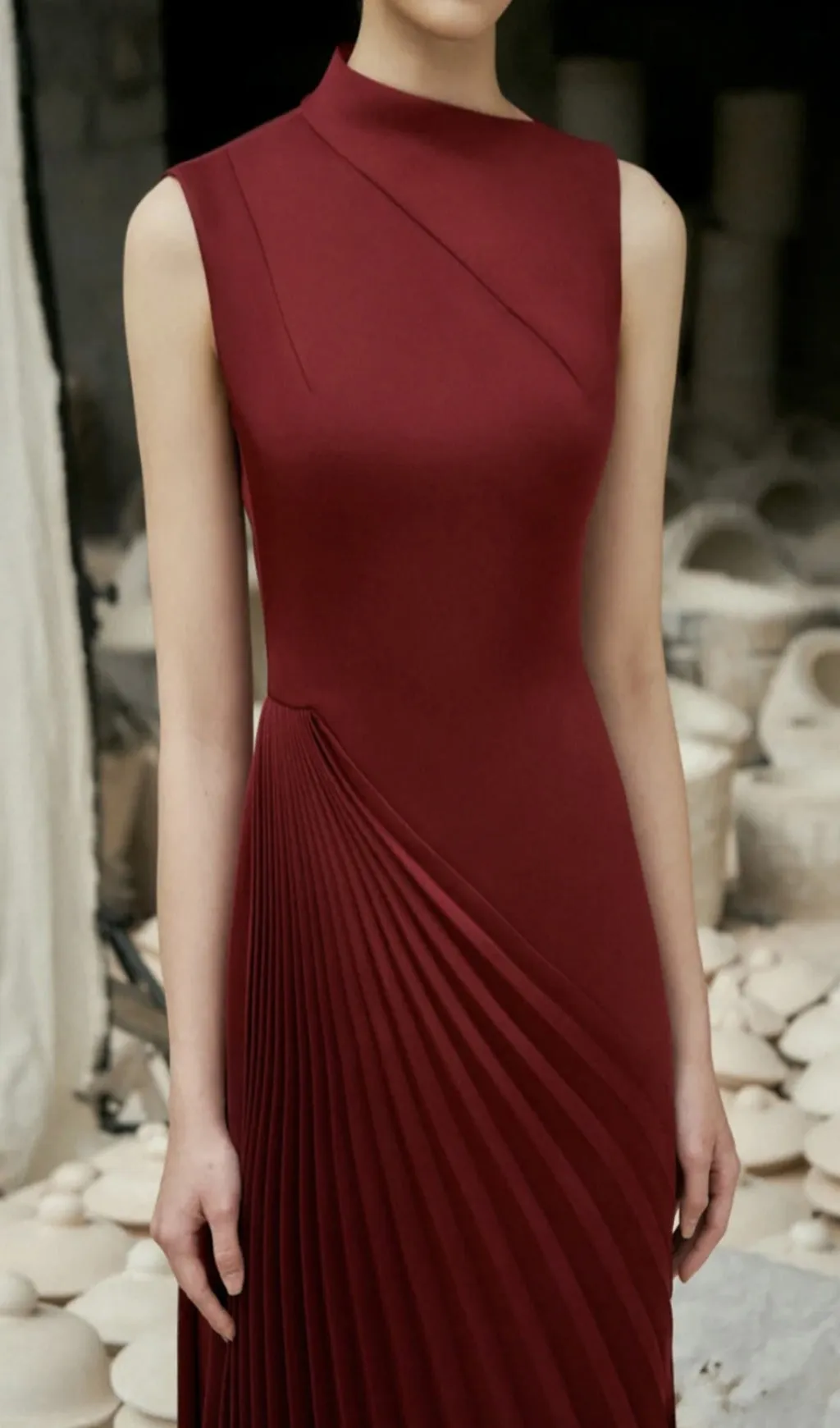 RED DIAGONAL PLEATED MIDI DRESS Gloria Lanvin