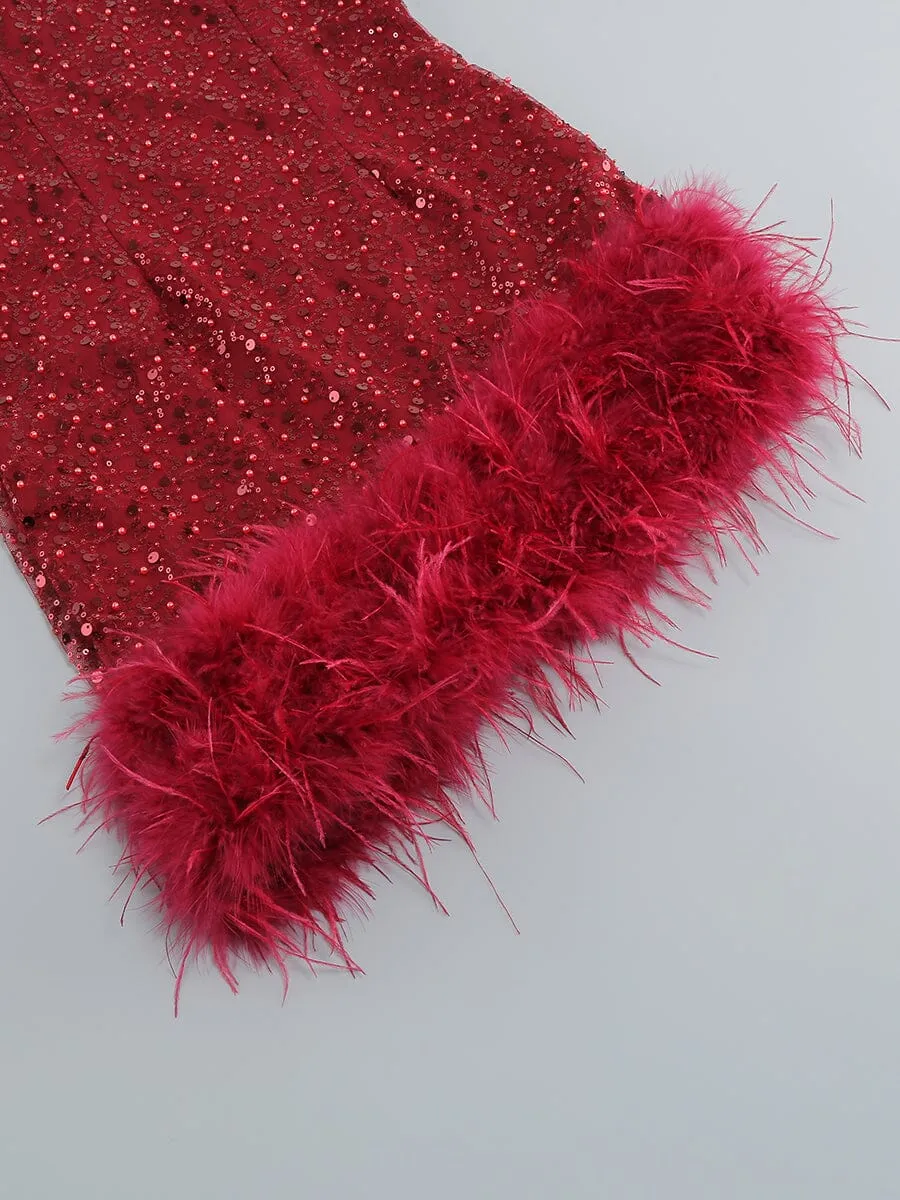 RED FEATHER SEQUIN DRESS Gloria Lanvin