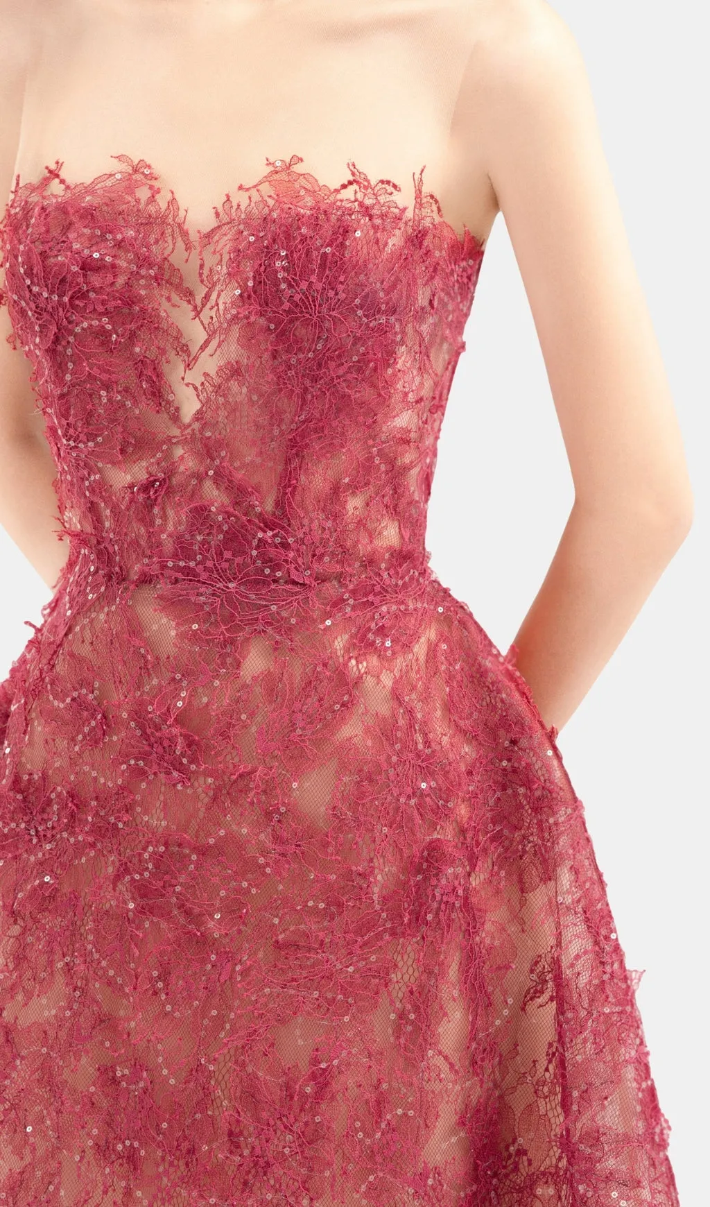 RED FLORAL LACE EMBROIDER MIDI DRESS Gloria Lanvin