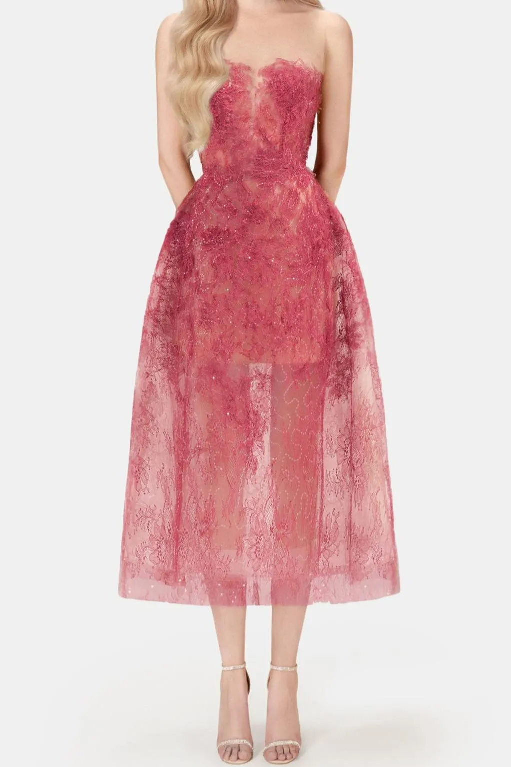 RED FLORAL LACE EMBROIDER MIDI DRESS Gloria Lanvin