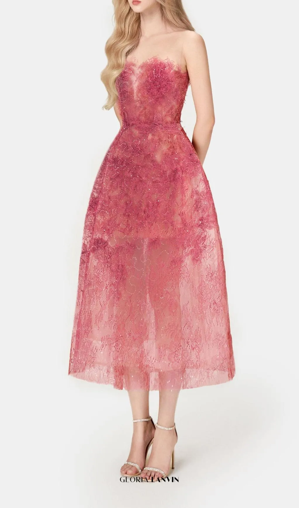 RED FLORAL LACE EMBROIDER MIDI DRESS Gloria Lanvin