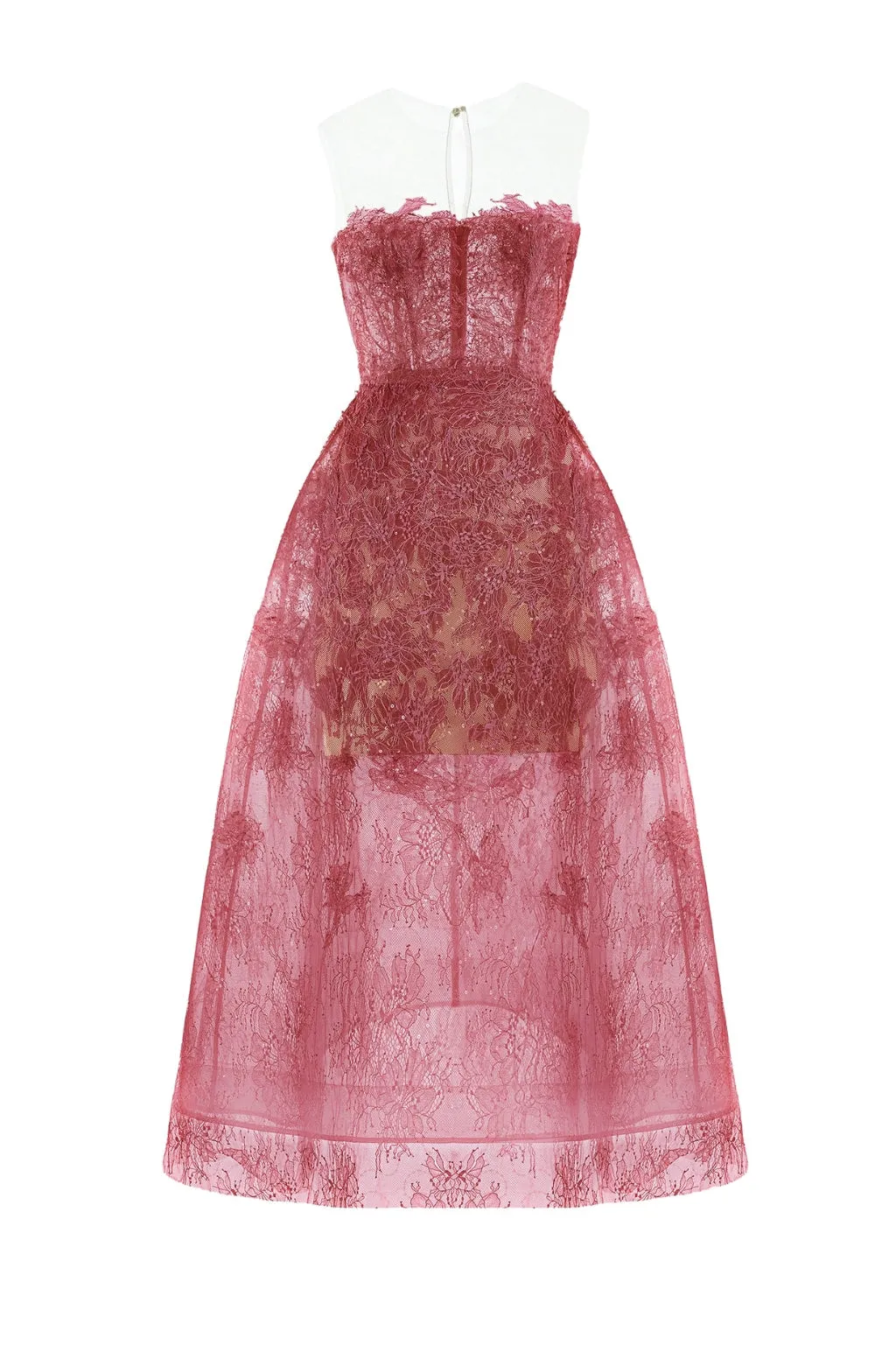RED FLORAL LACE EMBROIDER MIDI DRESS Gloria Lanvin