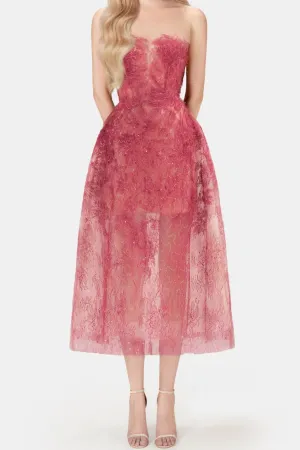 RED FLORAL LACE EMBROIDER MIDI DRESS Gloria Lanvin