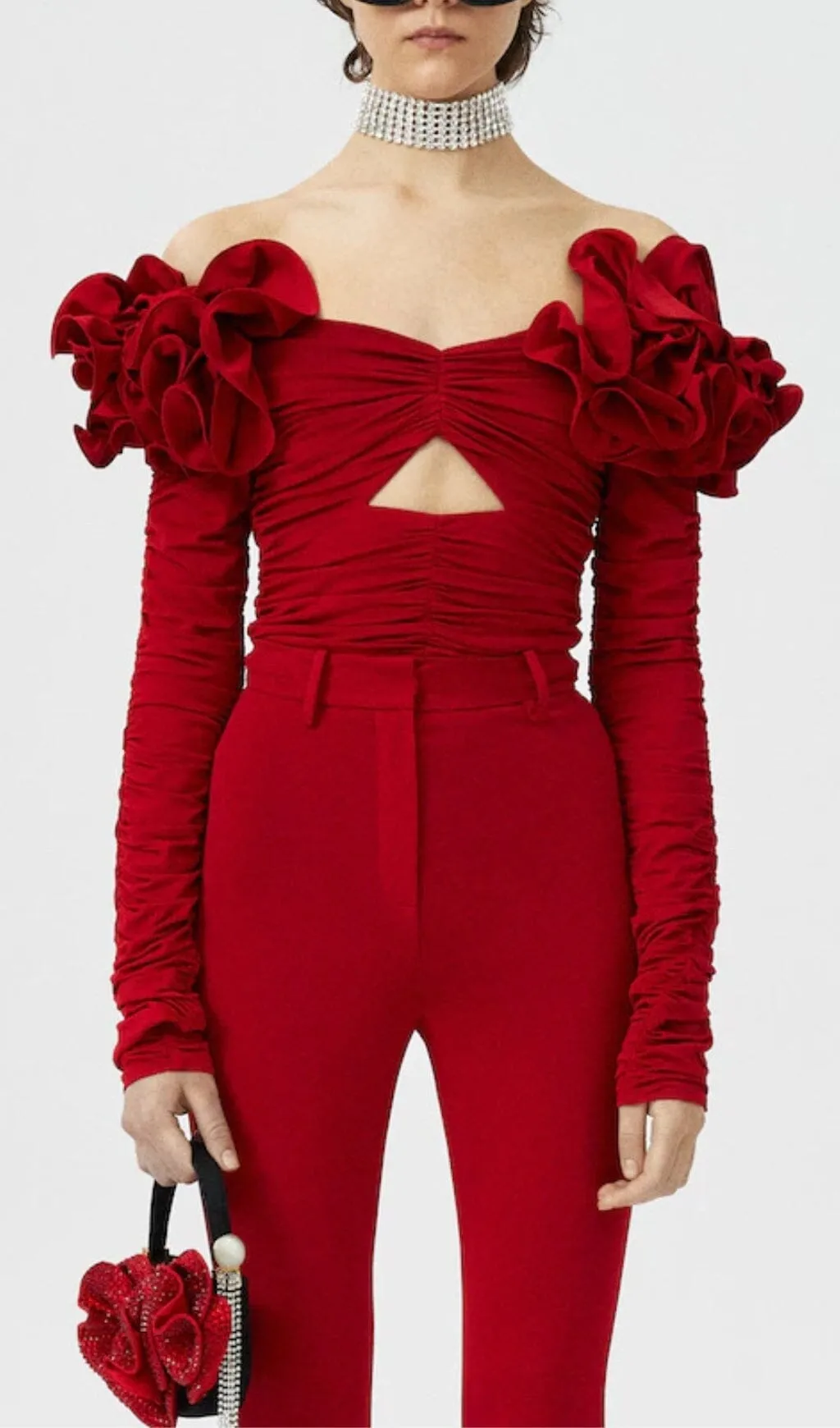 RED FLOWER ONE -LINE SHOULDER PLEATED TOP Gloria Lanvin