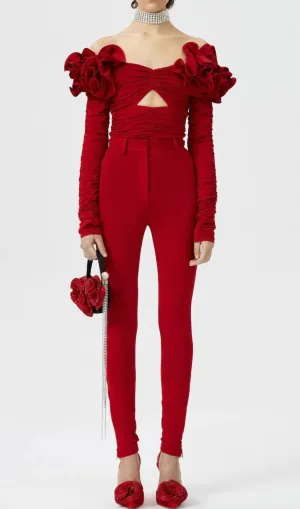 RED FLOWER ONE -LINE SHOULDER PLEATED TOP Gloria Lanvin