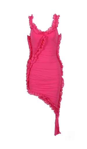 RED OFF SHOULDER RUFFLE BANDAGE DRESS Gloria Lanvin