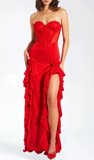 RED SATIN LACE CORSET MAXI DRESS Gloria Lanvin