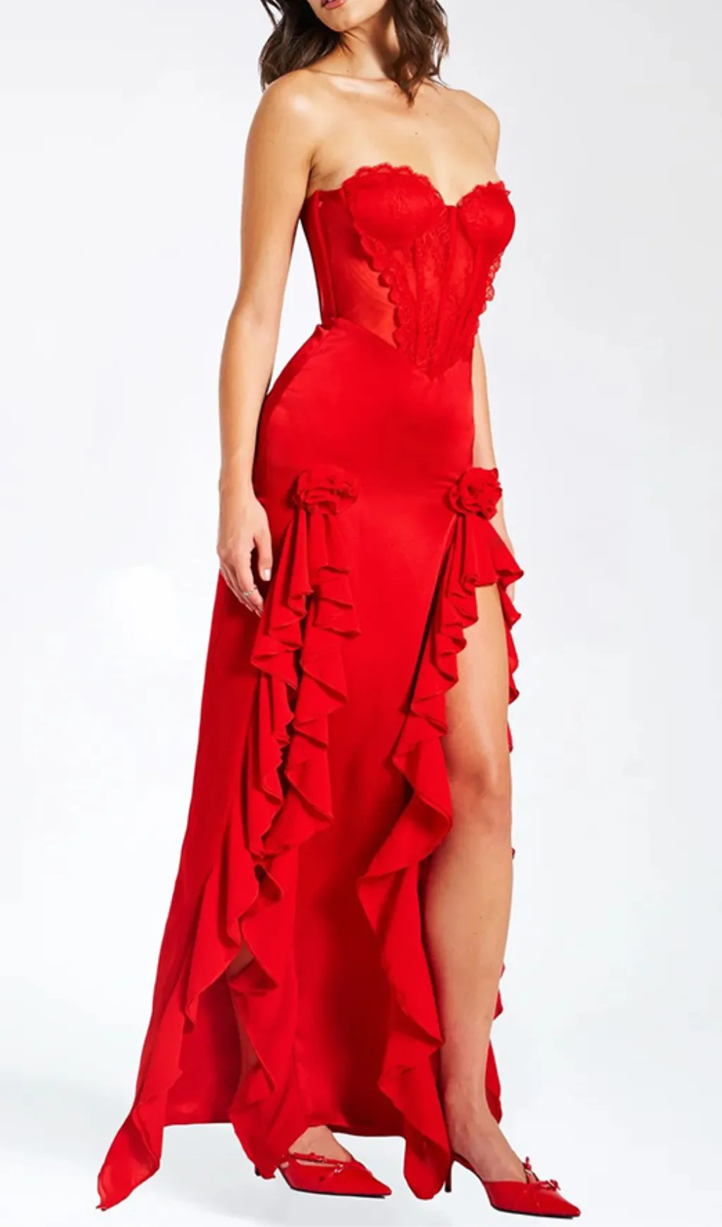 RED SATIN LACE CORSET MAXI DRESS Gloria Lanvin