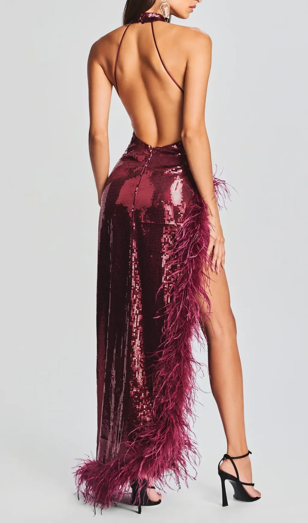 RED SLIT SEQUIN FEATHER MAXI DRESS Gloria Lanvin