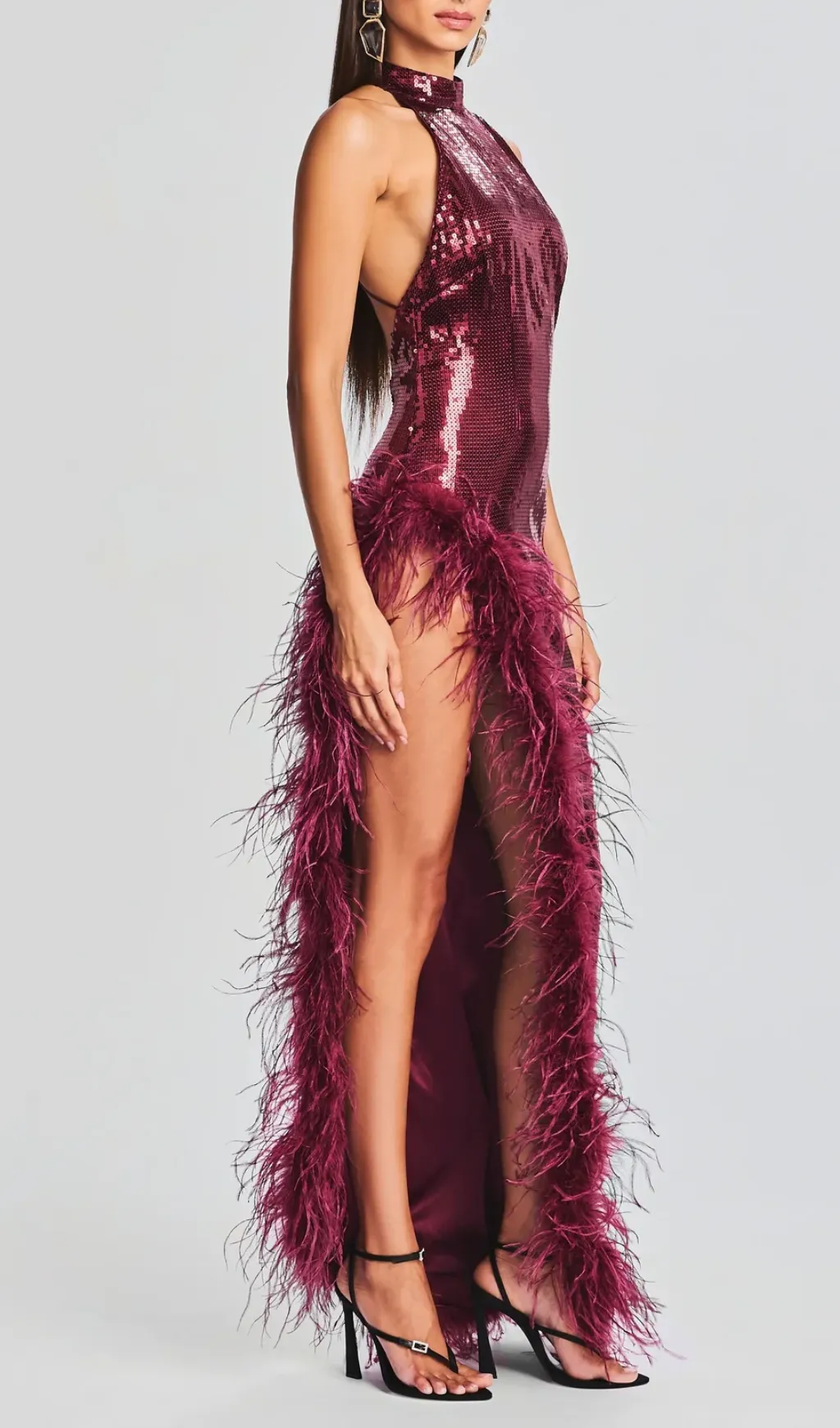 RED SLIT SEQUIN FEATHER MAXI DRESS Gloria Lanvin