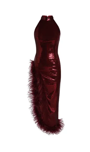 RED SLIT SEQUIN FEATHER MAXI DRESS Gloria Lanvin