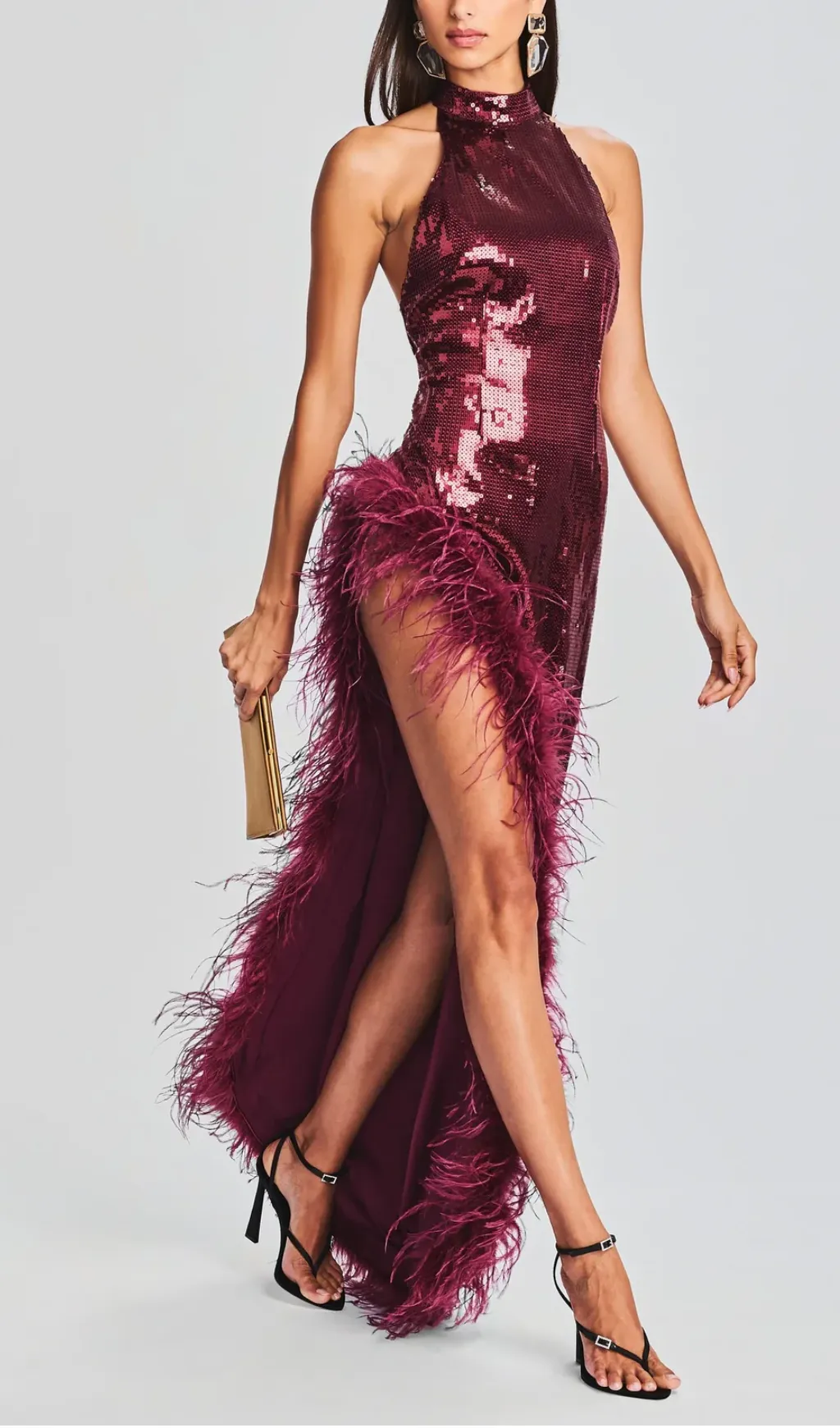 RED SLIT SEQUIN FEATHER MAXI DRESS Gloria Lanvin