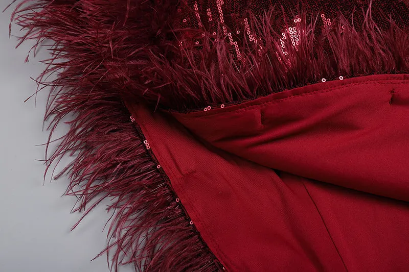 RED SLIT SEQUIN FEATHER MAXI DRESS Gloria Lanvin