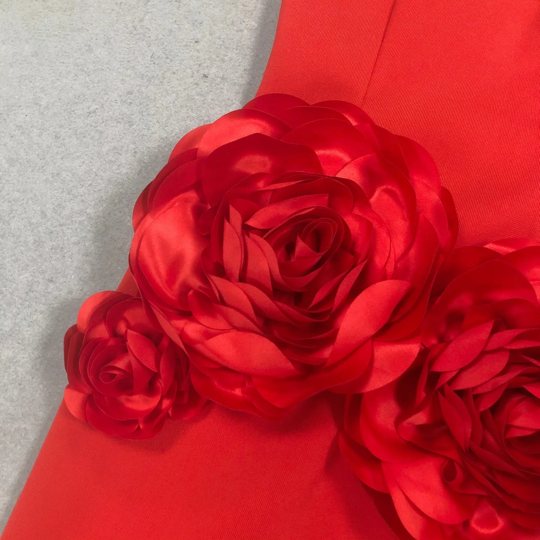 red strapless maxi dress with flower embellishments Gloria Lanvin