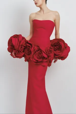 red strapless maxi dress with flower embellishments Gloria Lanvin