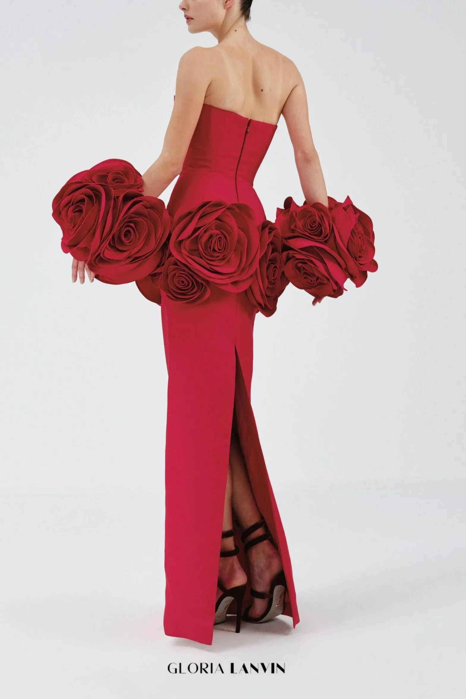 red strapless maxi dress with flower embellishments Gloria Lanvin