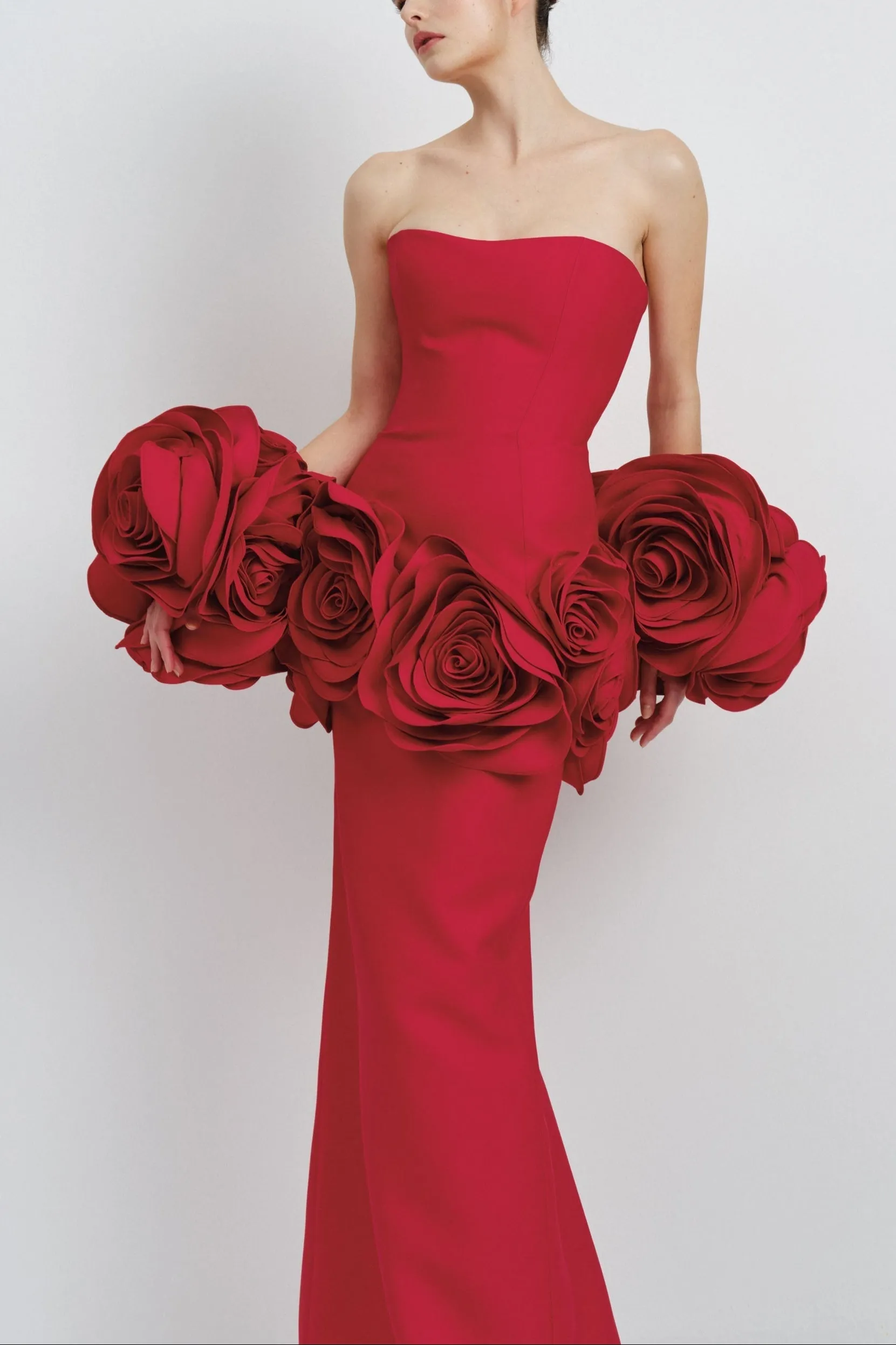 red strapless maxi dress with flower embellishments Gloria Lanvin