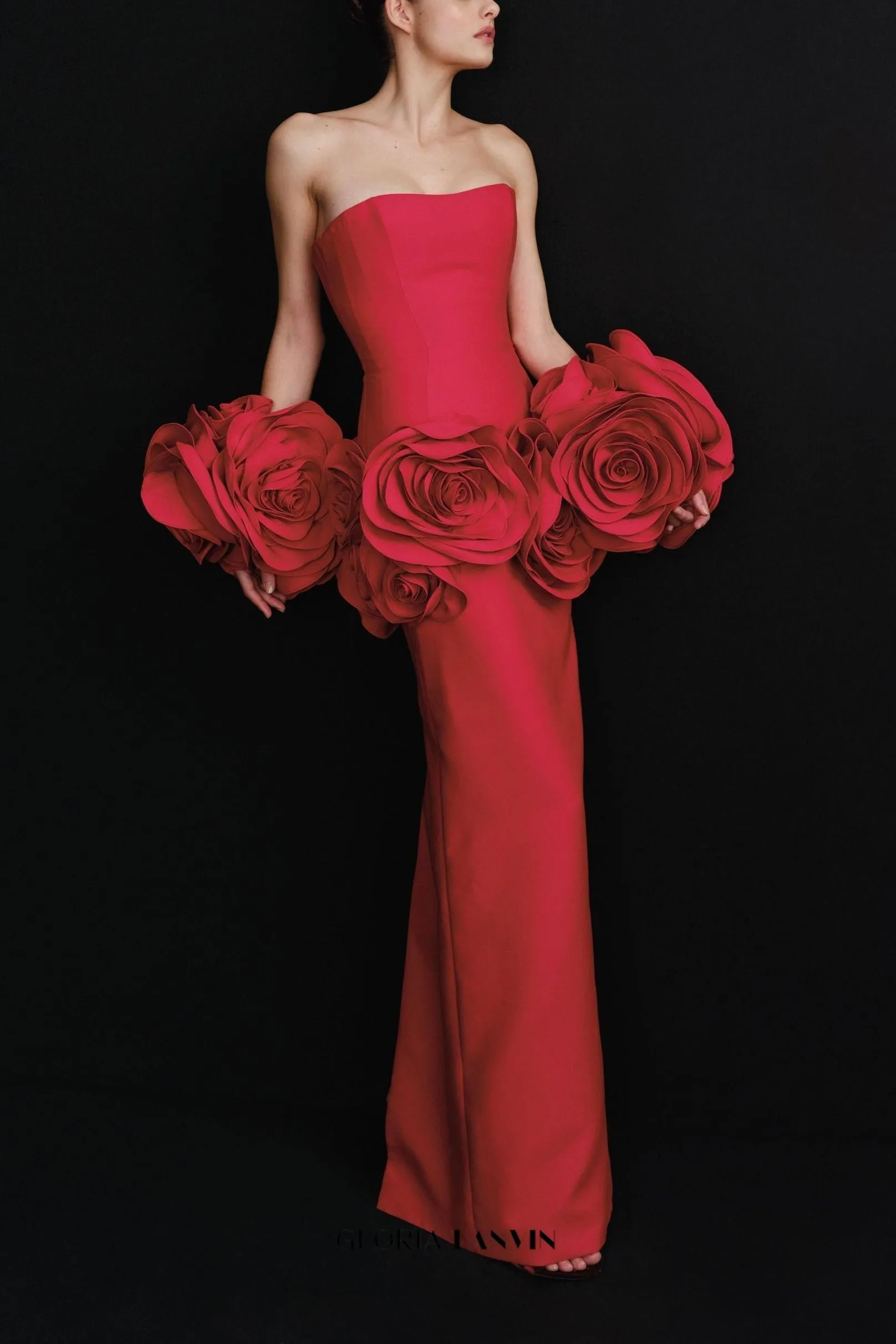red strapless maxi dress with flower embellishments Gloria Lanvin