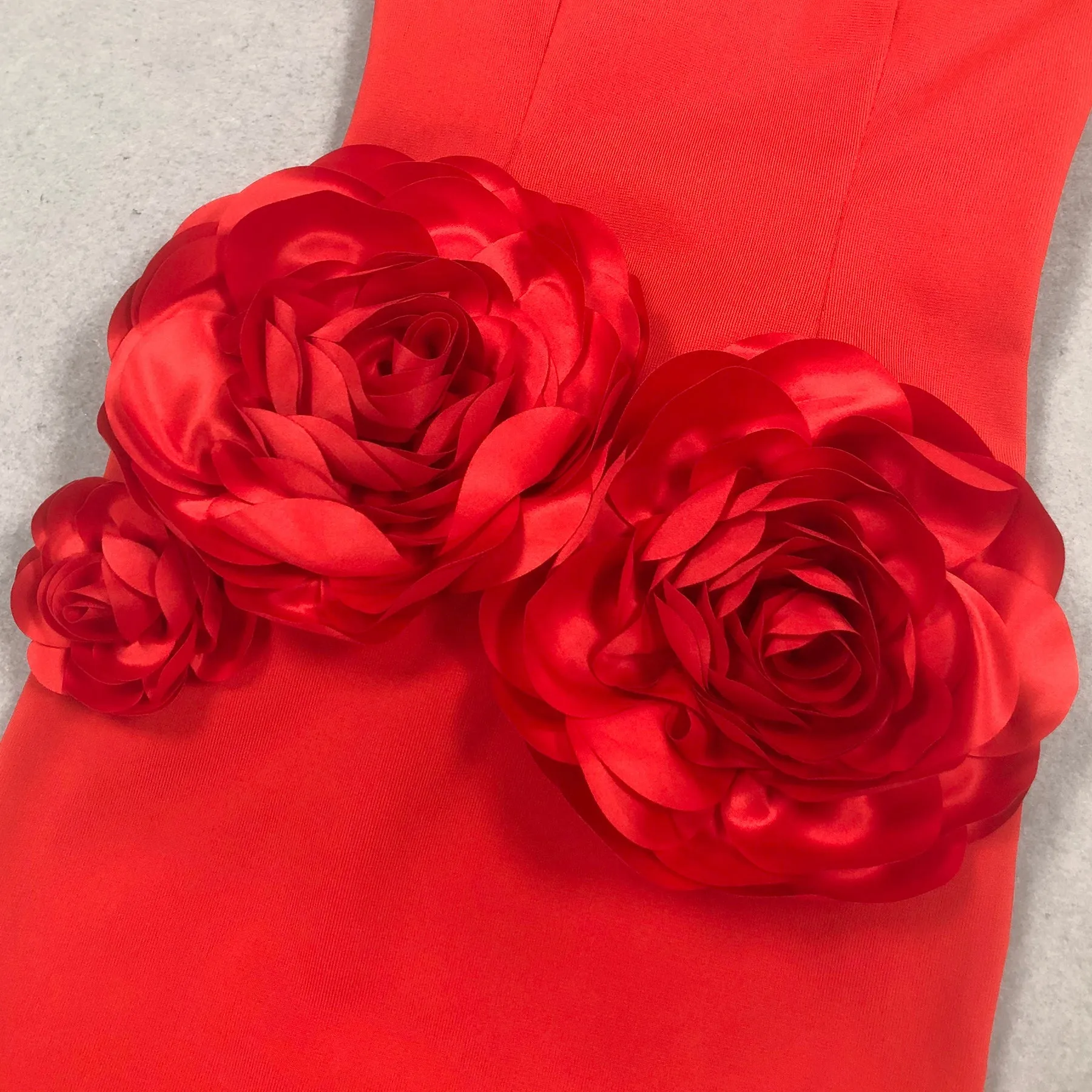 red strapless maxi dress with flower embellishments Gloria Lanvin