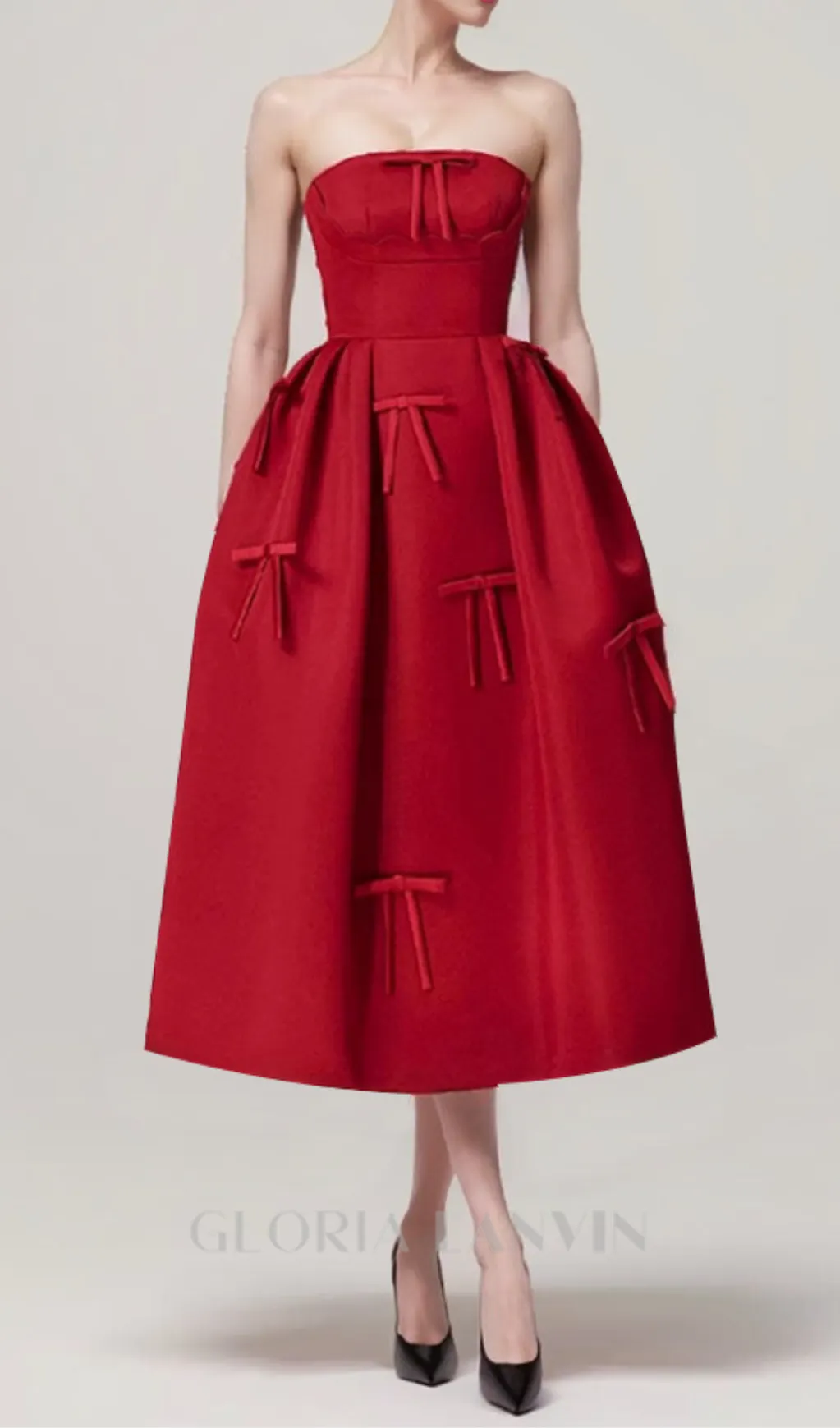 RED STRAPLESS RIBBON FRONT PLAIN A-LINE MIDI DRESS Gloria Lanvin
