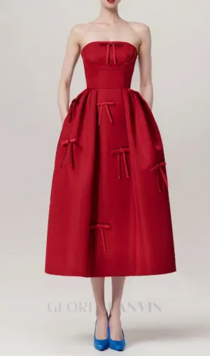 RED STRAPLESS RIBBON FRONT PLAIN A-LINE MIDI DRESS Gloria Lanvin