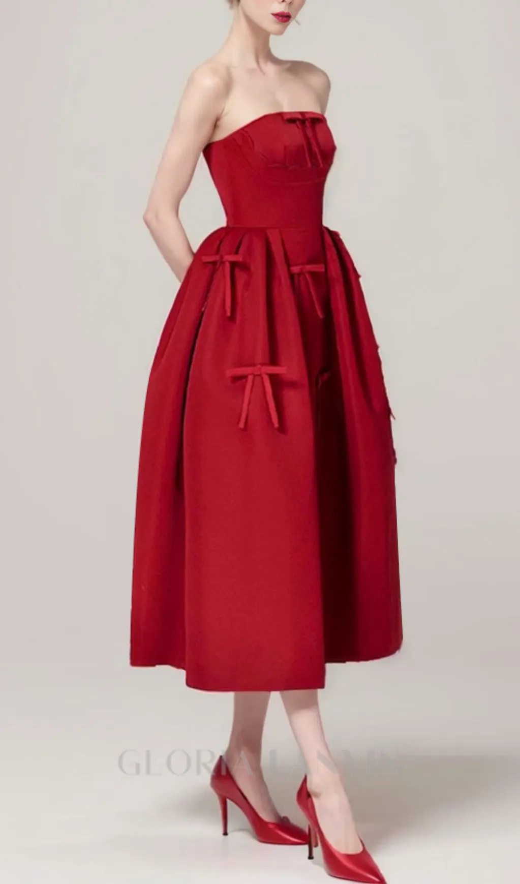 RED STRAPLESS RIBBON FRONT PLAIN A-LINE MIDI DRESS Gloria Lanvin