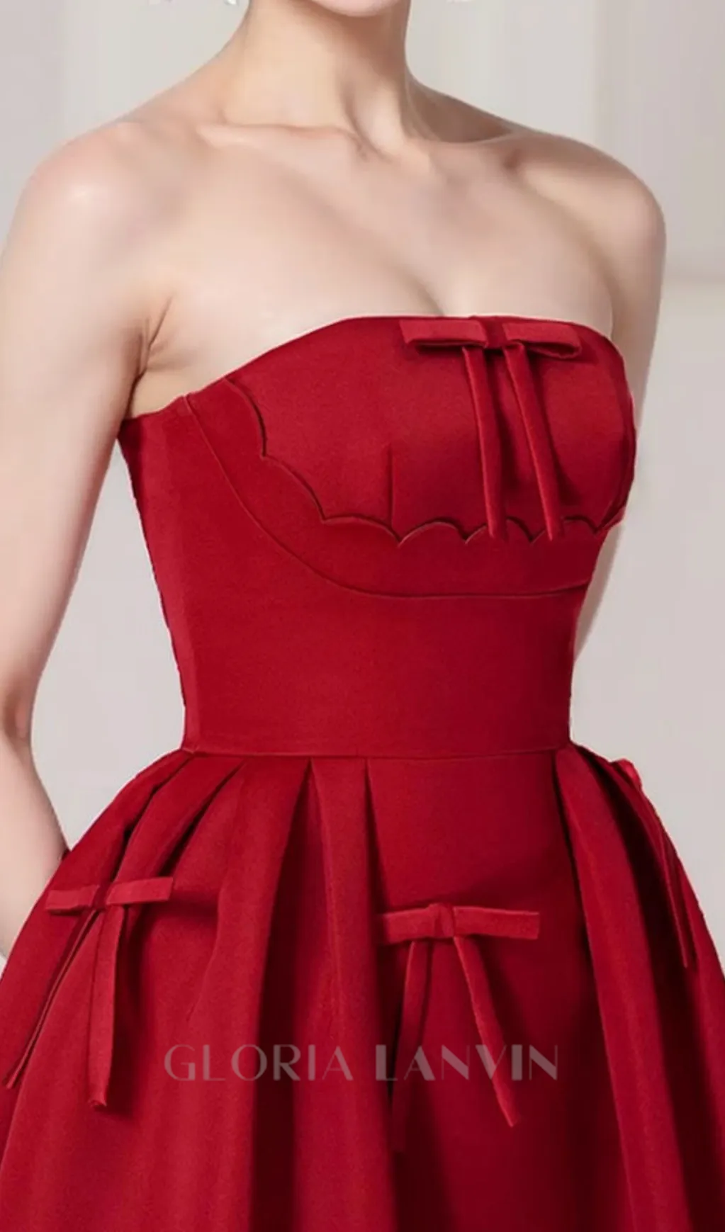 RED STRAPLESS RIBBON FRONT PLAIN A-LINE MIDI DRESS Gloria Lanvin