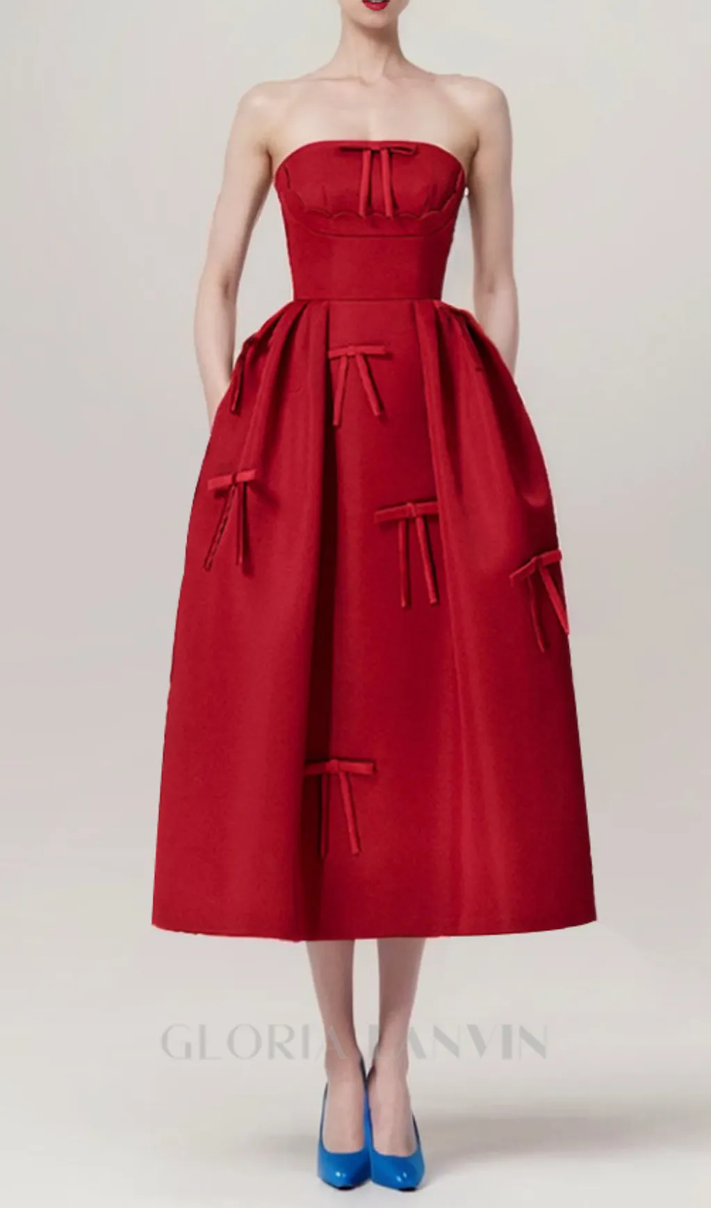 RED STRAPLESS RIBBON FRONT PLAIN A-LINE MIDI DRESS Gloria Lanvin