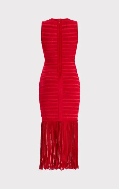 RED TEXTURED CHENILLE FRINGE MIDI DRESS Gloria Lanvin